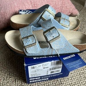 Birkenstock blue and gold snake print
